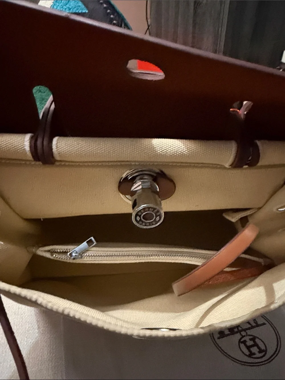 Cream Canvas and Brown Leather Top-Handle Briefcase with Silver Hardware